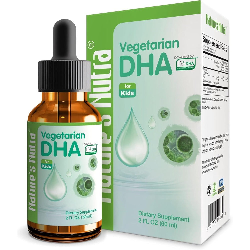 Nature's Nutra Vegetarian DHA Liquid for Kids 2 Fluid Ounce front bottle view showing packaging.