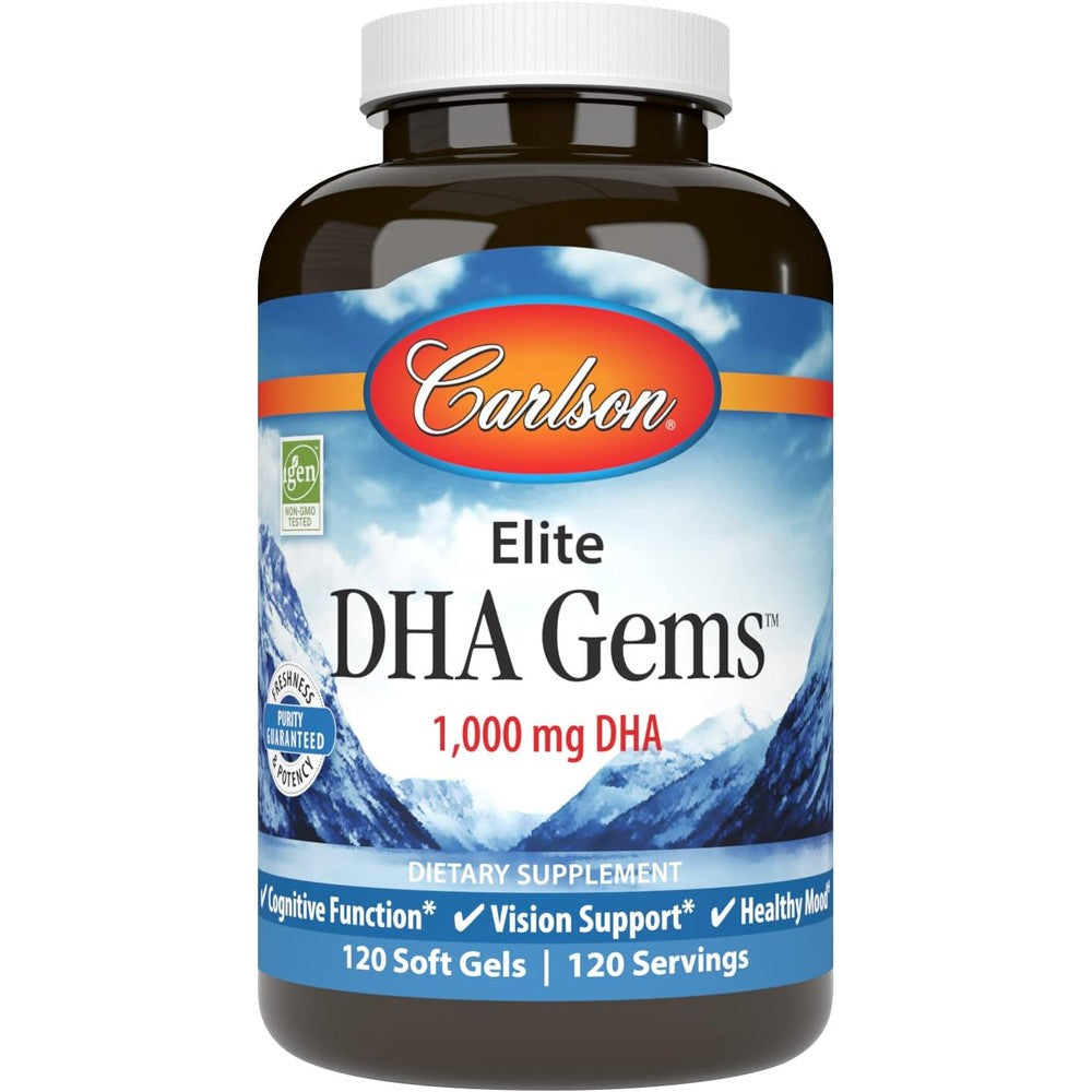 Carlson Elite DHA Gems 1000mg 60 Softgels front bottle view showing premium omega-3 brain and vision supplement packaging