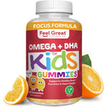 Feel Great 365 Kids Complete Omega DHA Gummies front view bottle for children brain health