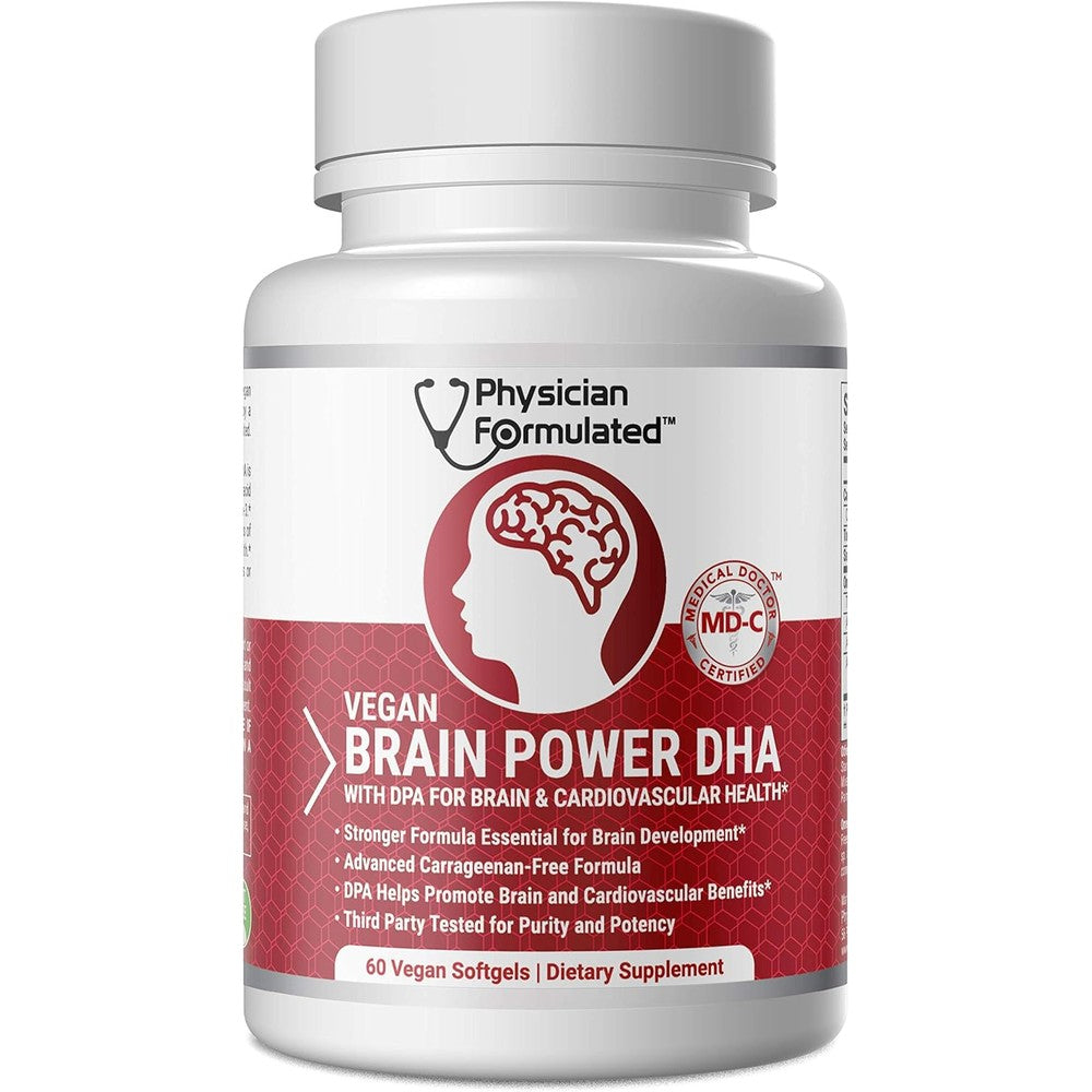 Physician Formulated Vegan Brain Power DHA bottle front view for premium cognitive support