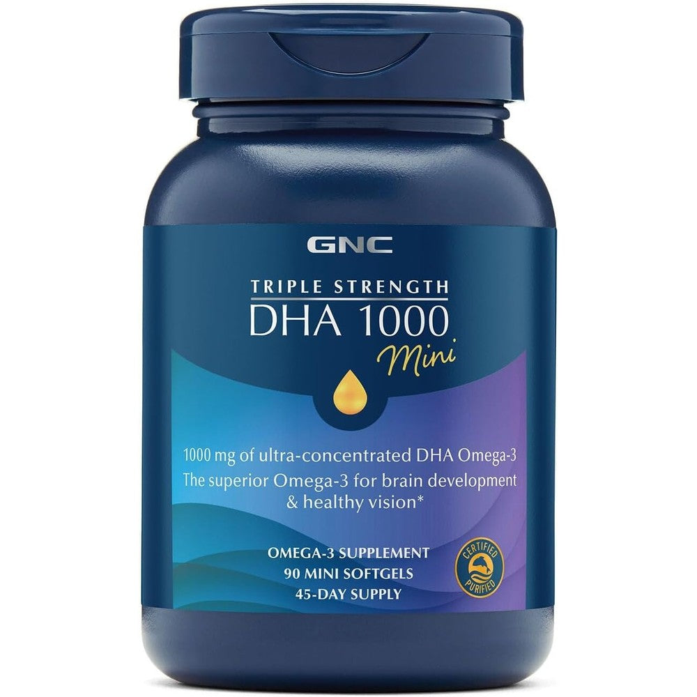 GNC Triple Strength DHA 1000 Mini 90 softgels front view showcasing omega three supplement benefits