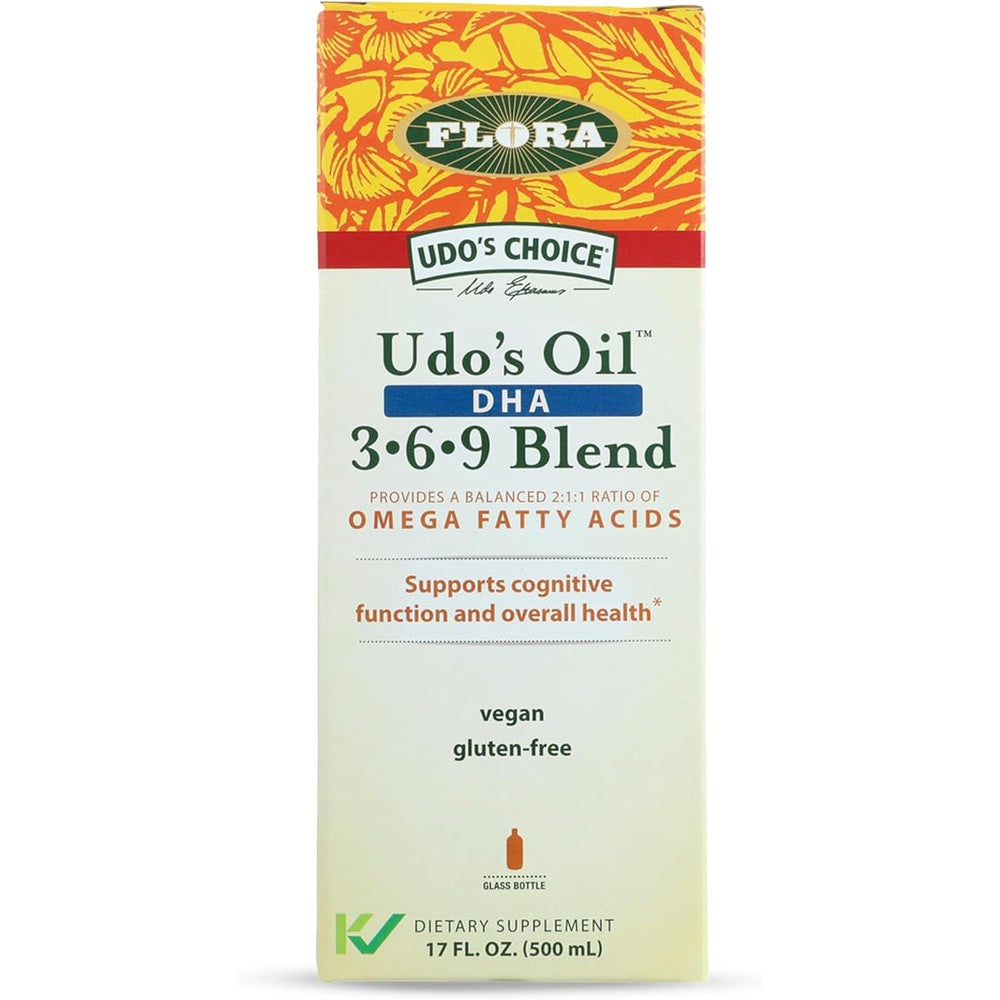 Flora Udos Choice Omega 369 Oil DHA Blend 17 ounce amber glass bottle front view