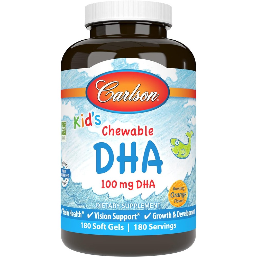 Carlson Kids Chewable DHA 100 mg 180 softgels front bottle view showing premium children omega 3 supplement