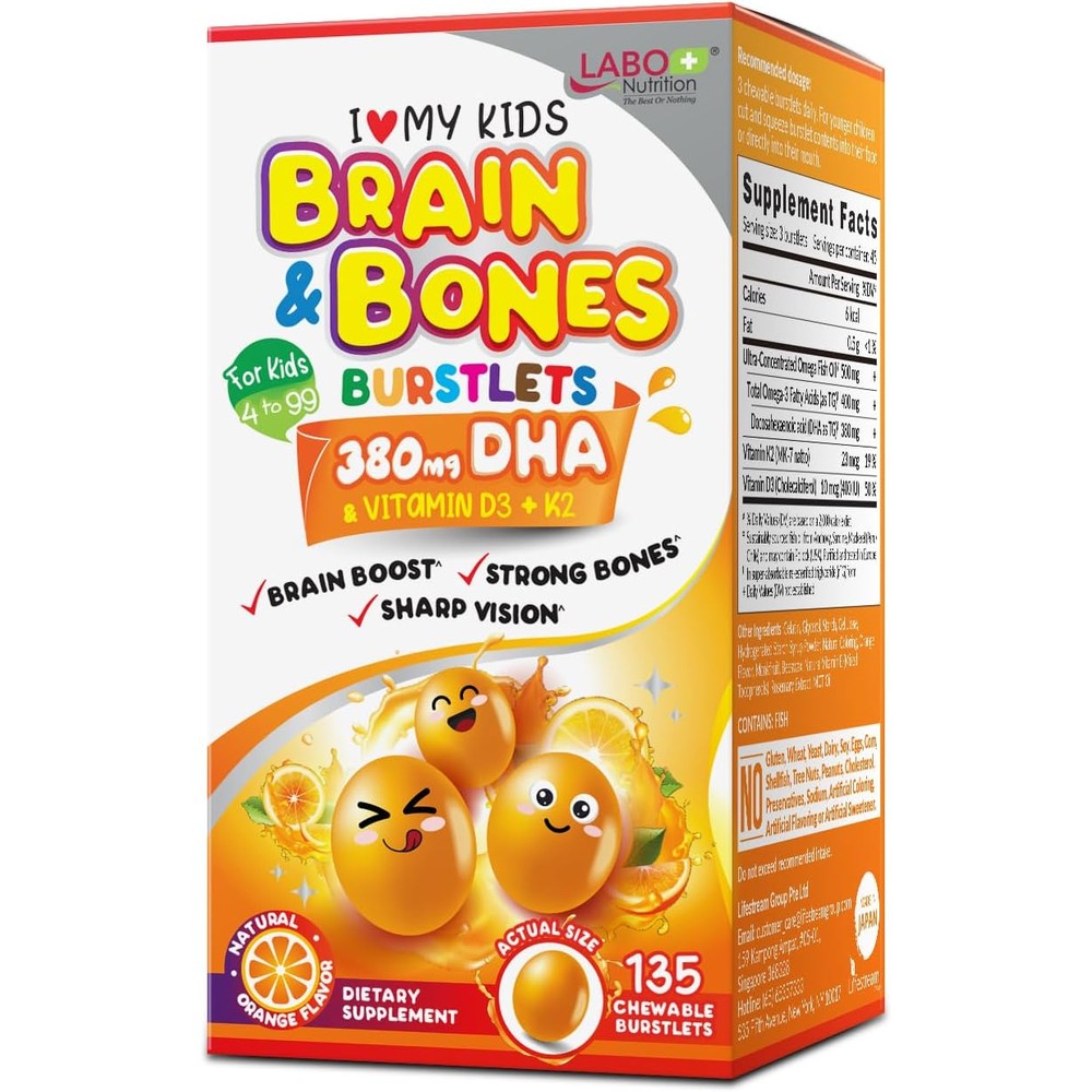 LABO Nutrition Kids DHA Brain Bones front view of orange chewable burstlets bottle