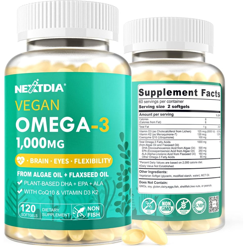 Nextdia Vegan Omega 3 front view of twin pack premium supplement bottle