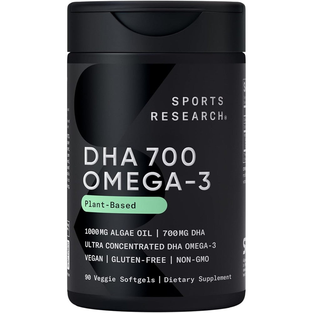 Sports Research Vegan DHA 700mg front view bottle of plant based omega 3 algae oil supplement