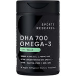 Sports Research Vegan DHA 700mg front view bottle of plant based omega 3 algae oil supplement