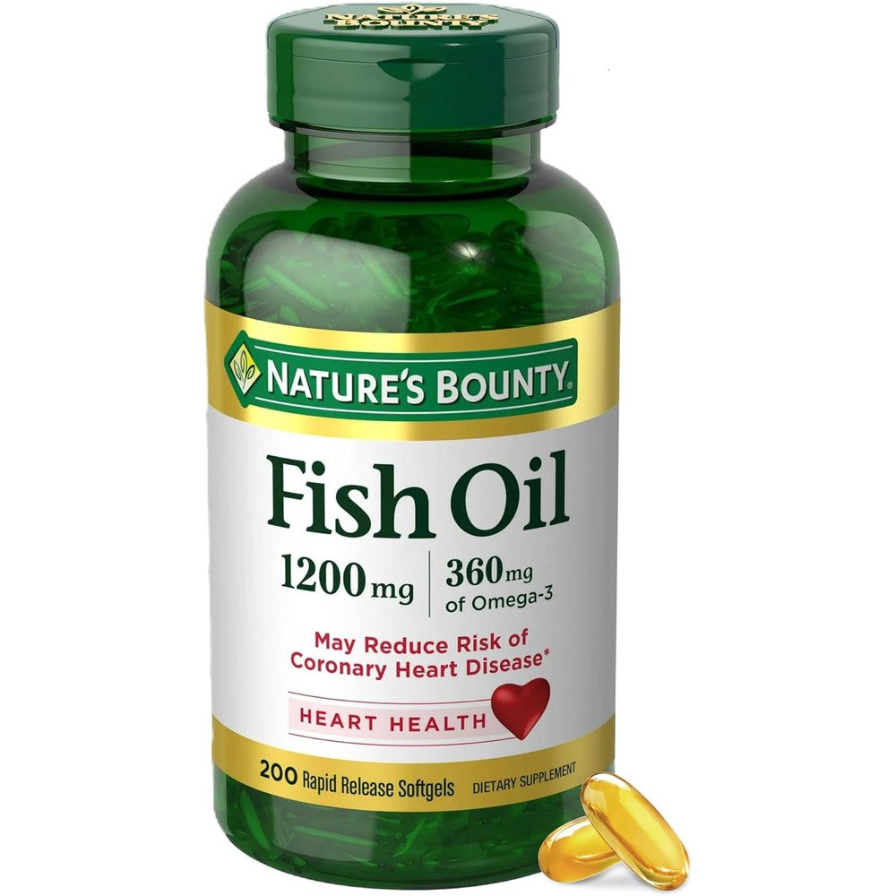 Nature's Bounty Fish Oil 1200mg 200 softgels bottle front view highlighting heart health benefits