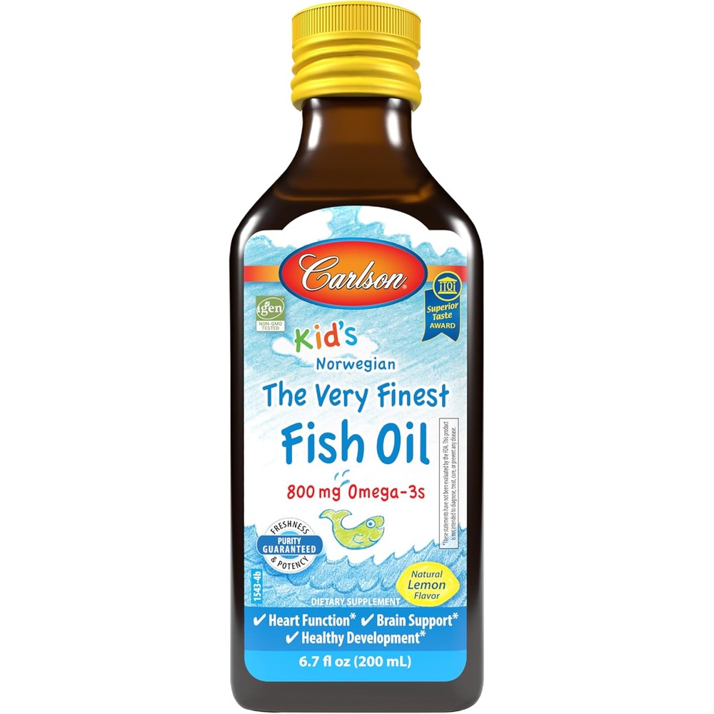 Carlson Kids The Very Finest Fish Oil Liquid lemon flavor bottle front view