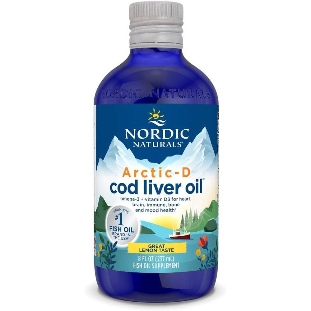 Nordic Naturals Arctic-D Cod Liver Oil liquid bottle front view showing lemon flavor text