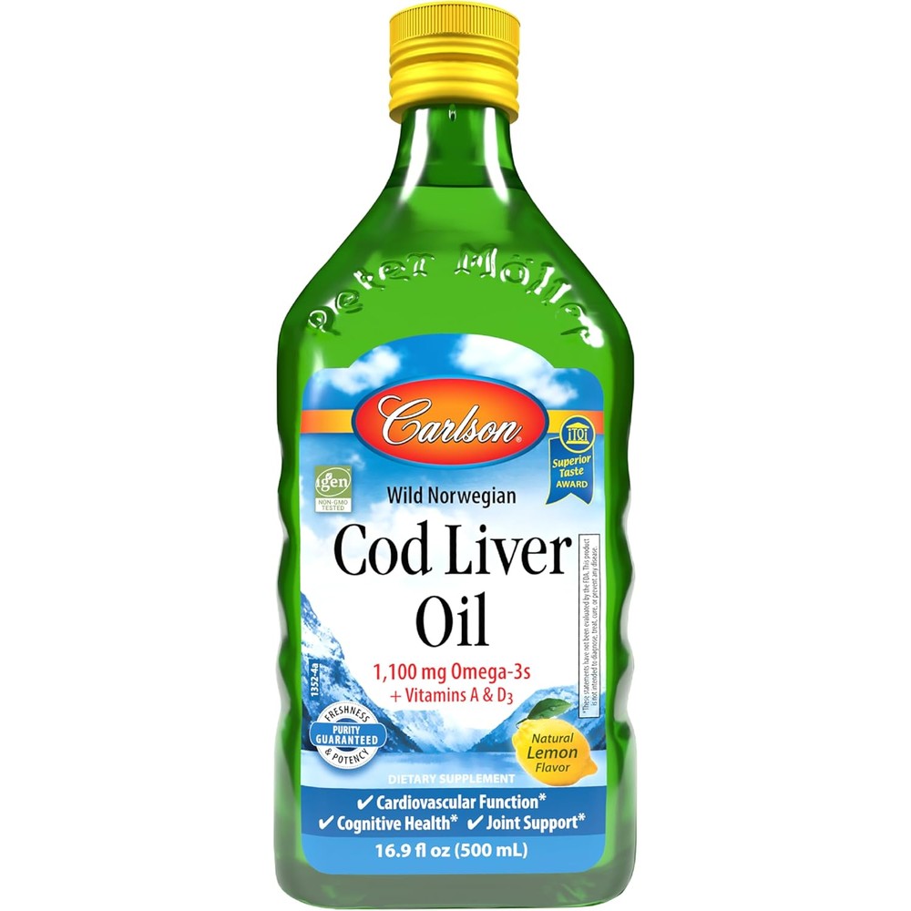 Carlson Cod Liver Oil Liquid Lemon 16.9 Fluid Ounces front view bottle