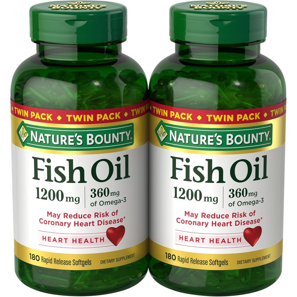 Nature's Bounty Fish Oil 1200mg Twin Pack front view showing 360 rapid release softgels packaging
