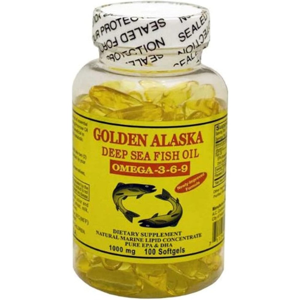 A.C. Commodity Inc Golden Alaska Deep Sea Omega 3 6 9 Fish Oil 1000 Milligrams 100 Softgels bottle front view for heart health support