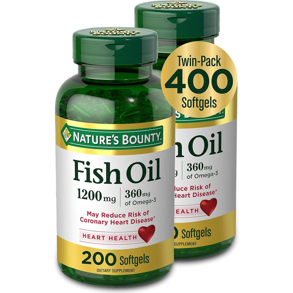 Nature's Bounty Fish Oil 1200mg Twin Pack 200 Coated Softgels front view for heart health support