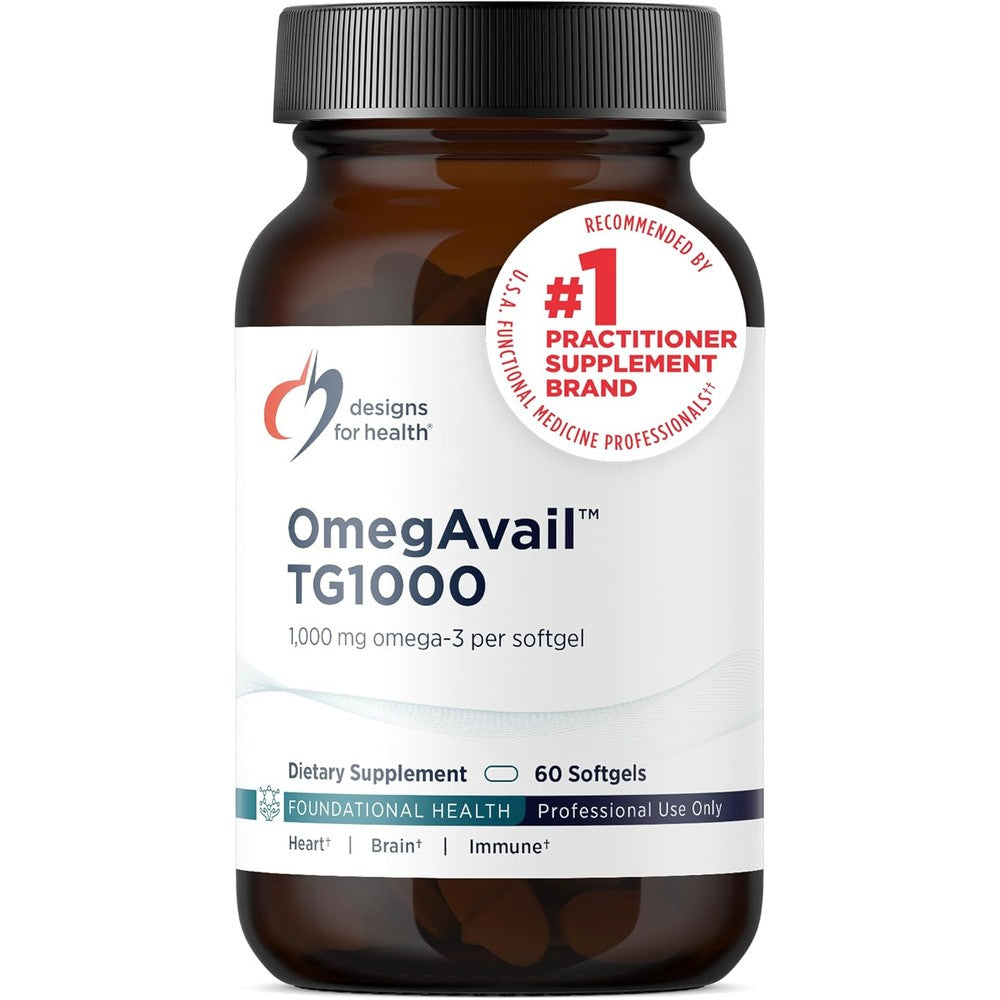 Designs for Health OmegAvail TG1000 sixty softgels front bottle view showing premium gold labeling