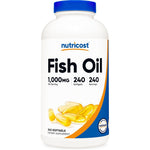 Nutricost Fish Oil Omega 3 1000mg dietary supplement bottle front view showing 240 softgels count label.