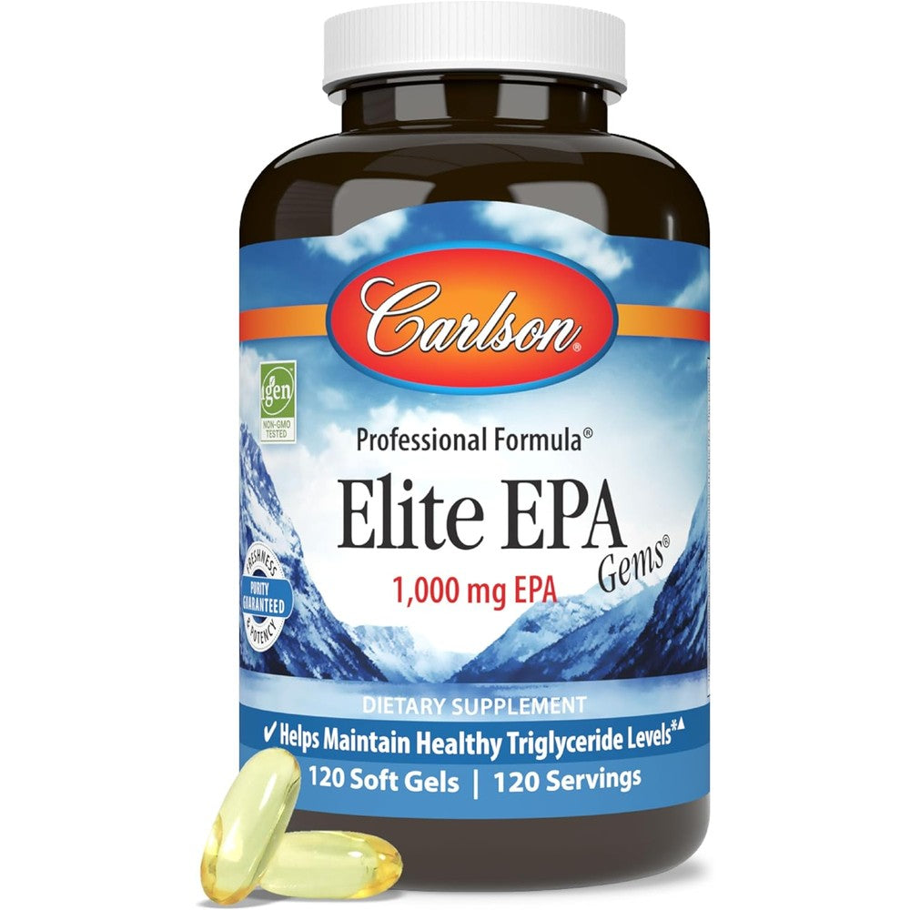 Carlson Elite EPA Gems 1000mg 120 Softgels bottle front view showcasing premium omega-3 supplement layout.
