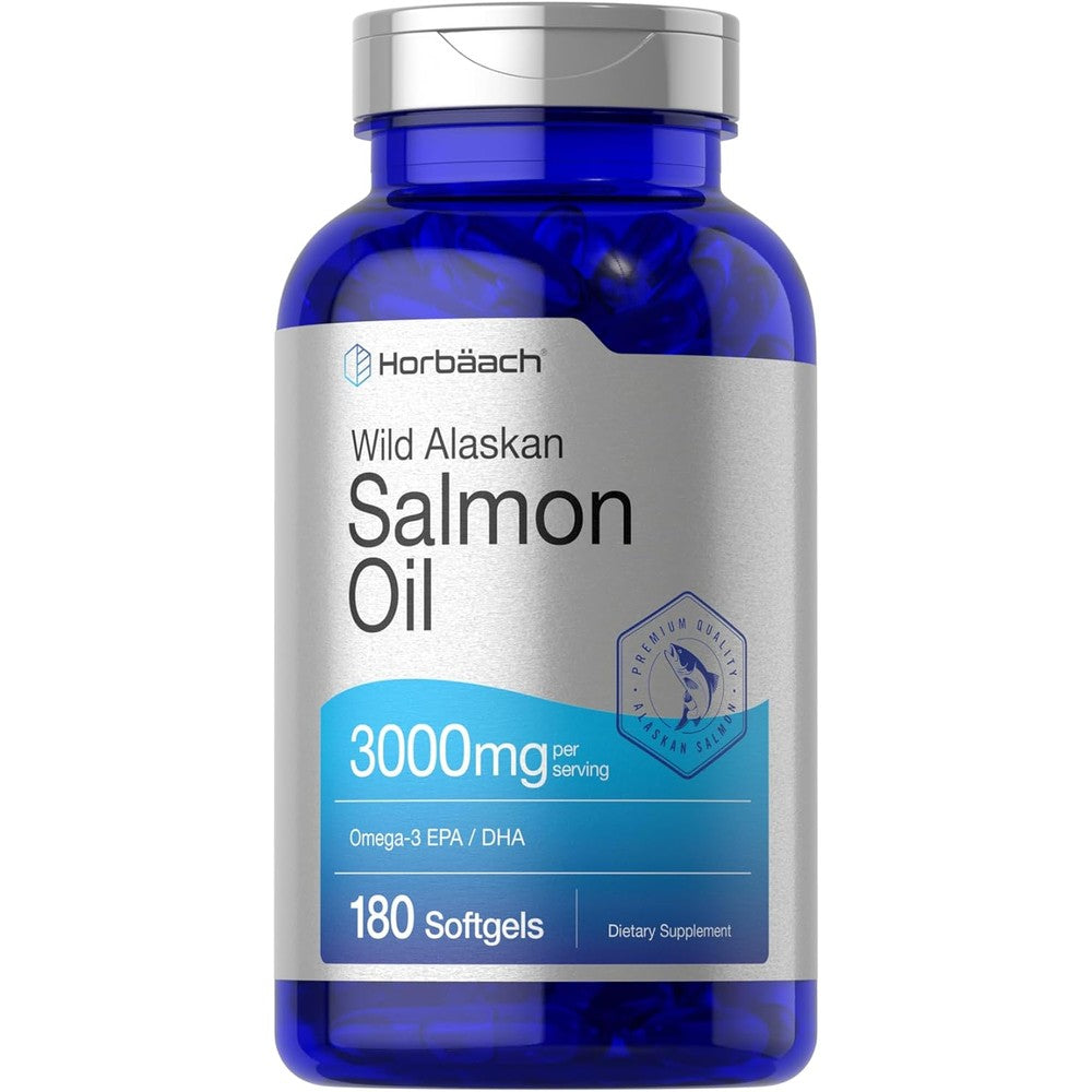 Horbaach Wild Alaskan Salmon Fish Oil 180 softgels bottle front view showcasing product labels.