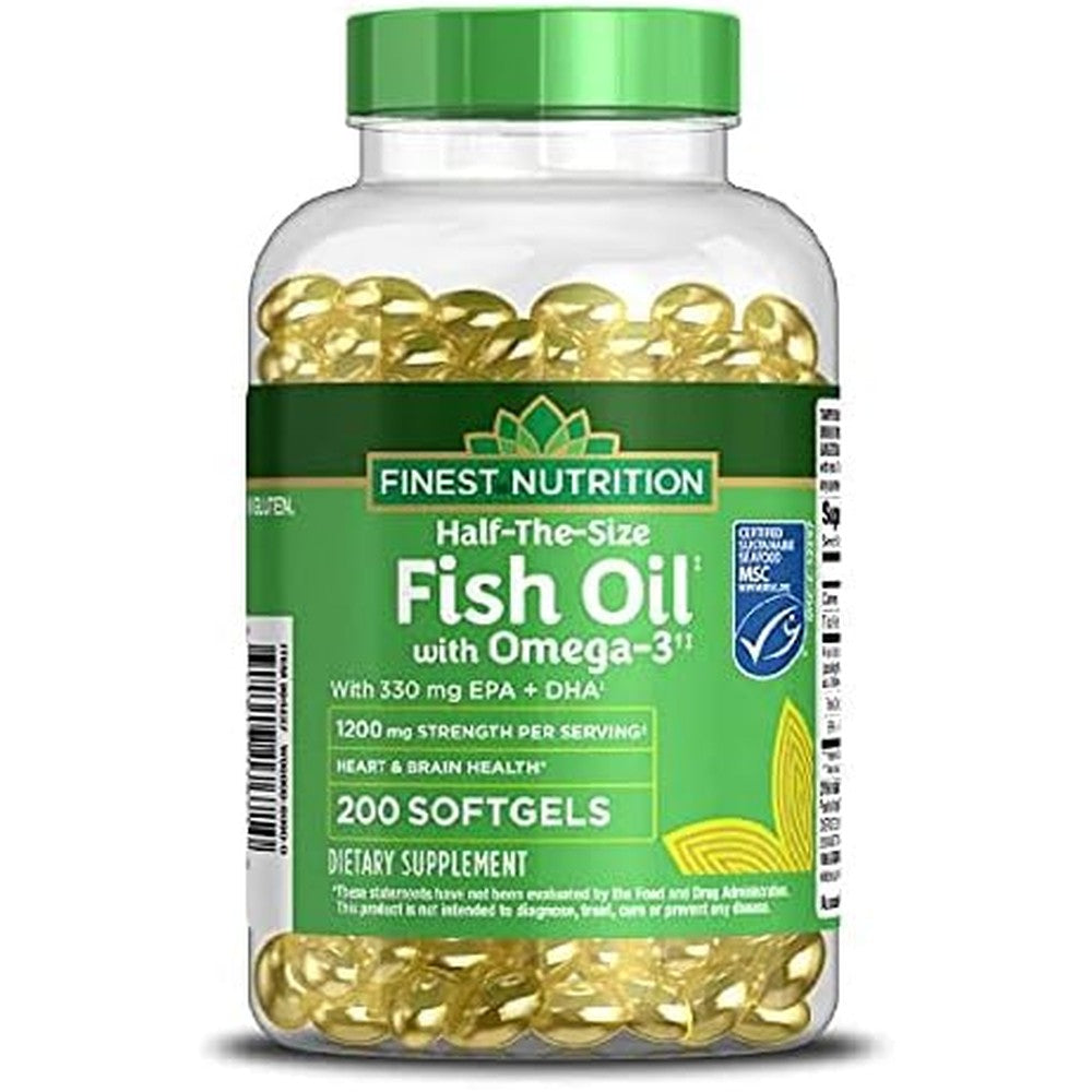Finest Nutrition Half The Size Fish Oil 1200mg 200 softgels bottle front view showing authentic USA packaging
