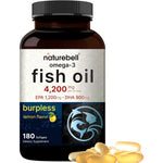 NatureBell Omega 3 Fish Oil 4200 mg 180 softgels bottle front view showcasing lemon flavor benefit