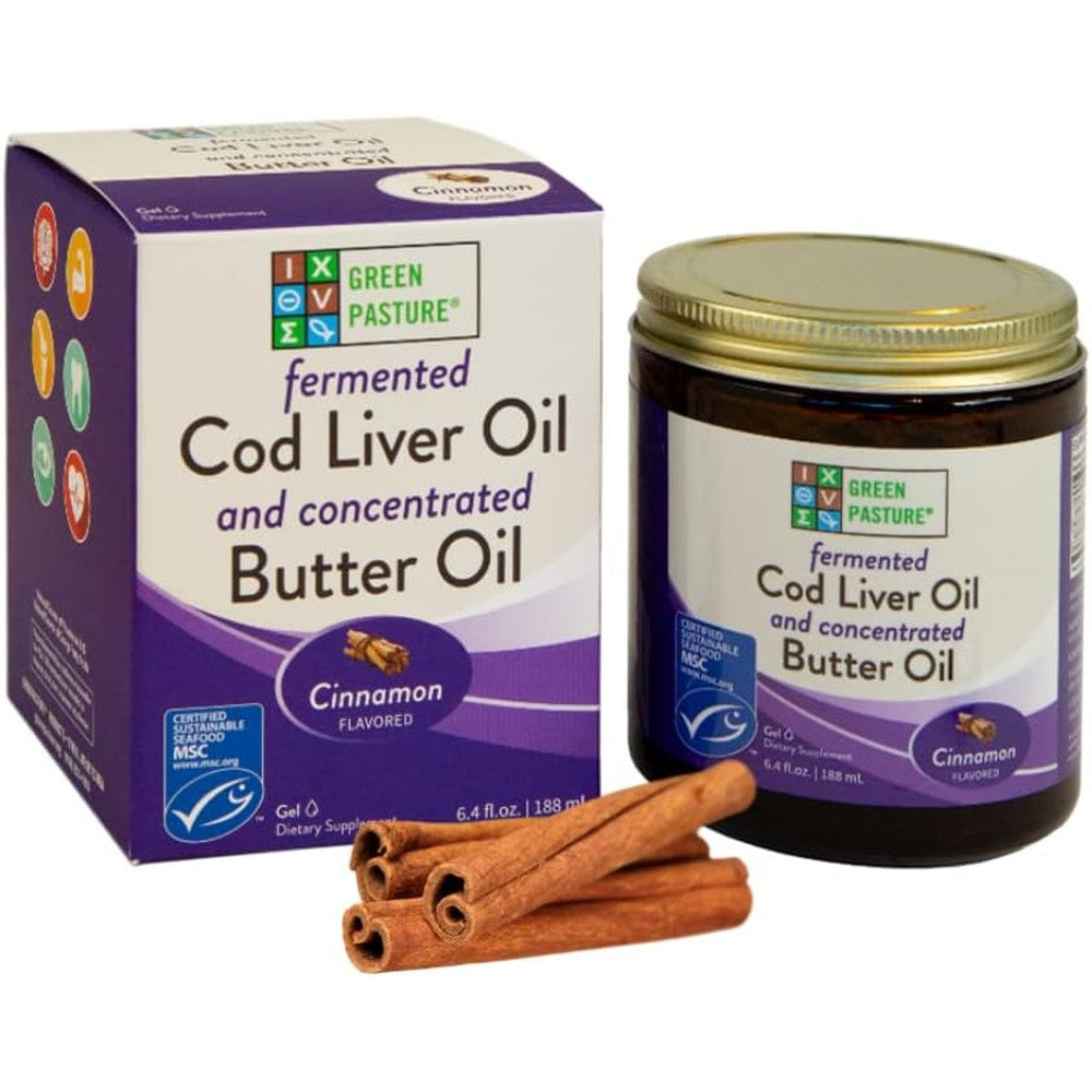 Green Pasture Fermented Cod Liver Oil Butter Blend Gel Cinnamon front view container