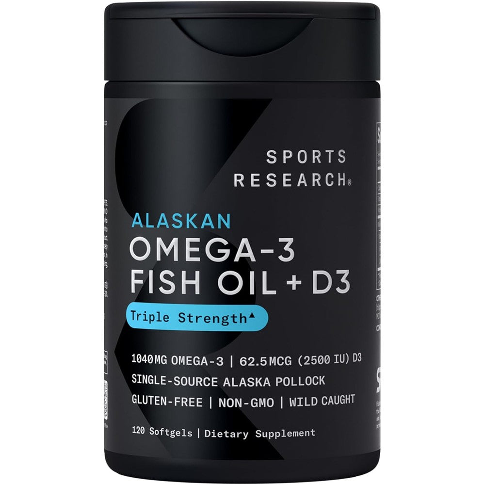 Sports Research Omega 3 Fish Oil Vitamin D3 120 softgels bottle front view, India import