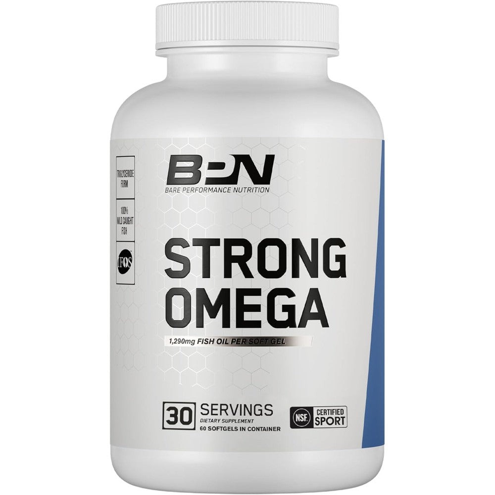 Bare Performance Nutrition Strong Omega Fish Oil 60 softgels front bottle view authentic USA import