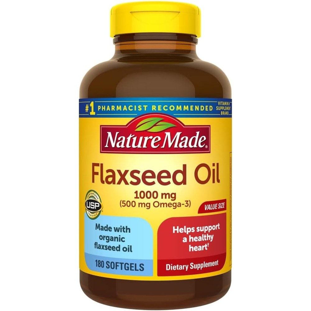 Nature Made Flaxseed Oil 1000mg 180 Softgels front view for heart health