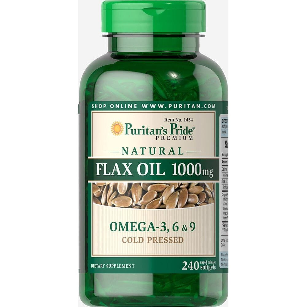 Puritan's Pride Natural Flax Seed Oil 1000mg 240 softgels bottle front view plant based omega supplement