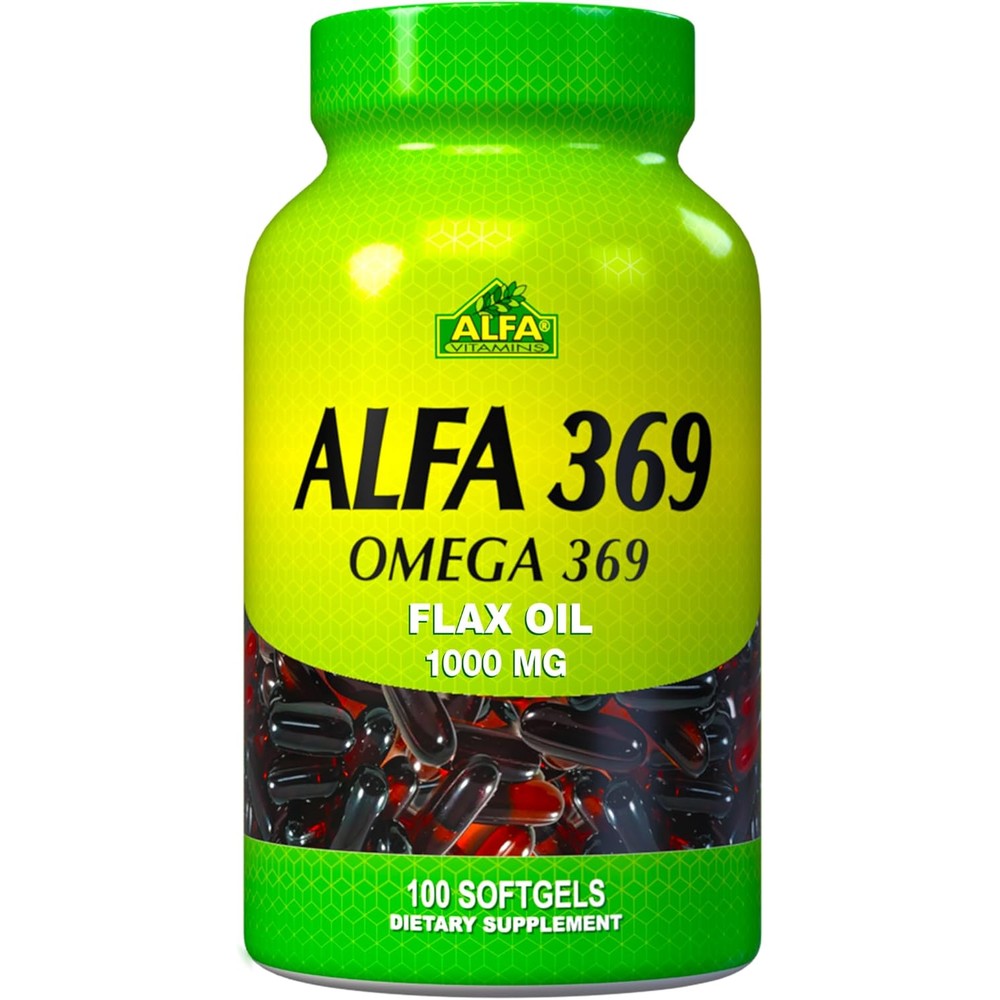 Alfa Vitamins Alfa 3 6 9 Flax Oil 1000 Milligrams bottle front view showing authentic imported label.