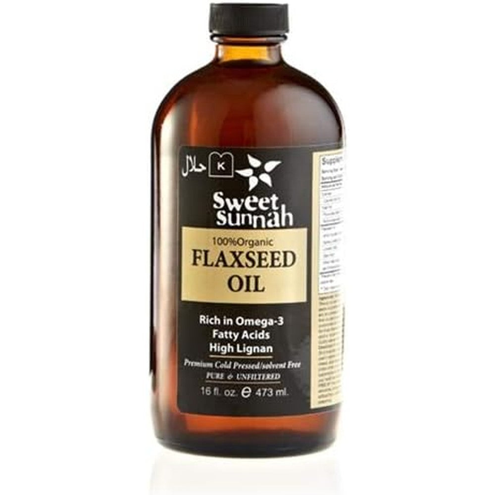 Sweet Sunnah organic cold pressed flax seed oil 16 fluid ounce bottle front view for premium plant based omega 3 supplementation