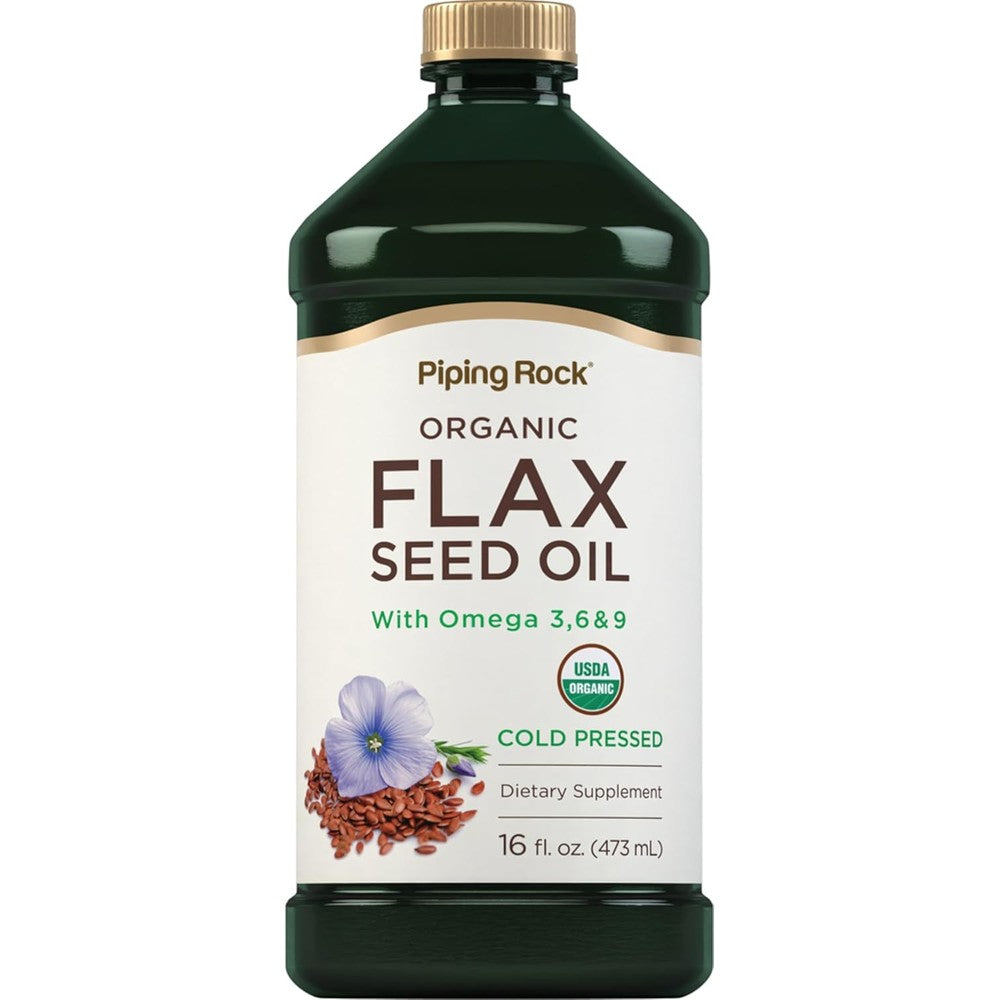 Piping Rock Organic Flaxseed Oil Liquid 16 fluid ounce front view showing organic certification.