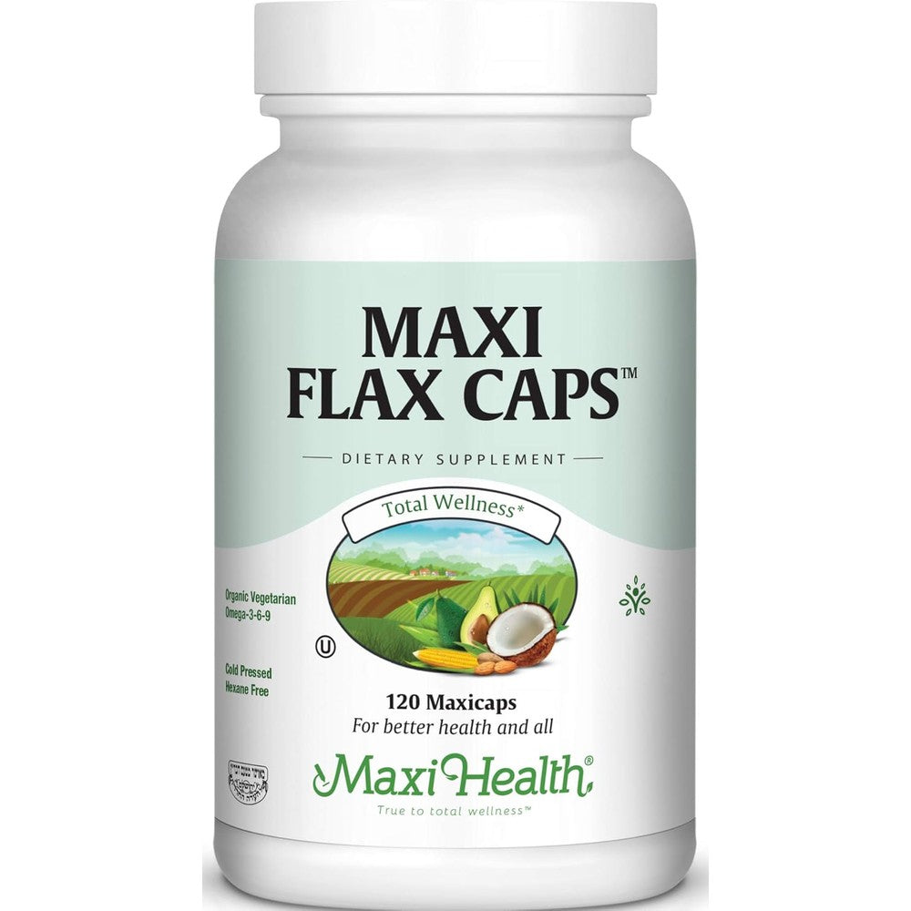Maxi Health Flax Caps Organic Flaxseed Oil bottle front view premium plant based omega supplement