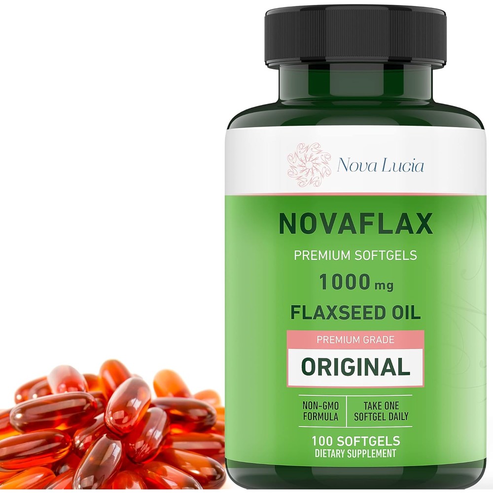 Nova Lucia Organic Flaxseed Oil 1000 Milligrams bottle front view showing plant based omega supplement.