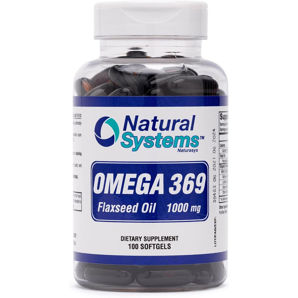 Natural Systems Omega 3 6 9 Flaxseed Oil 1000 mg front view bottle showing 100 softgels