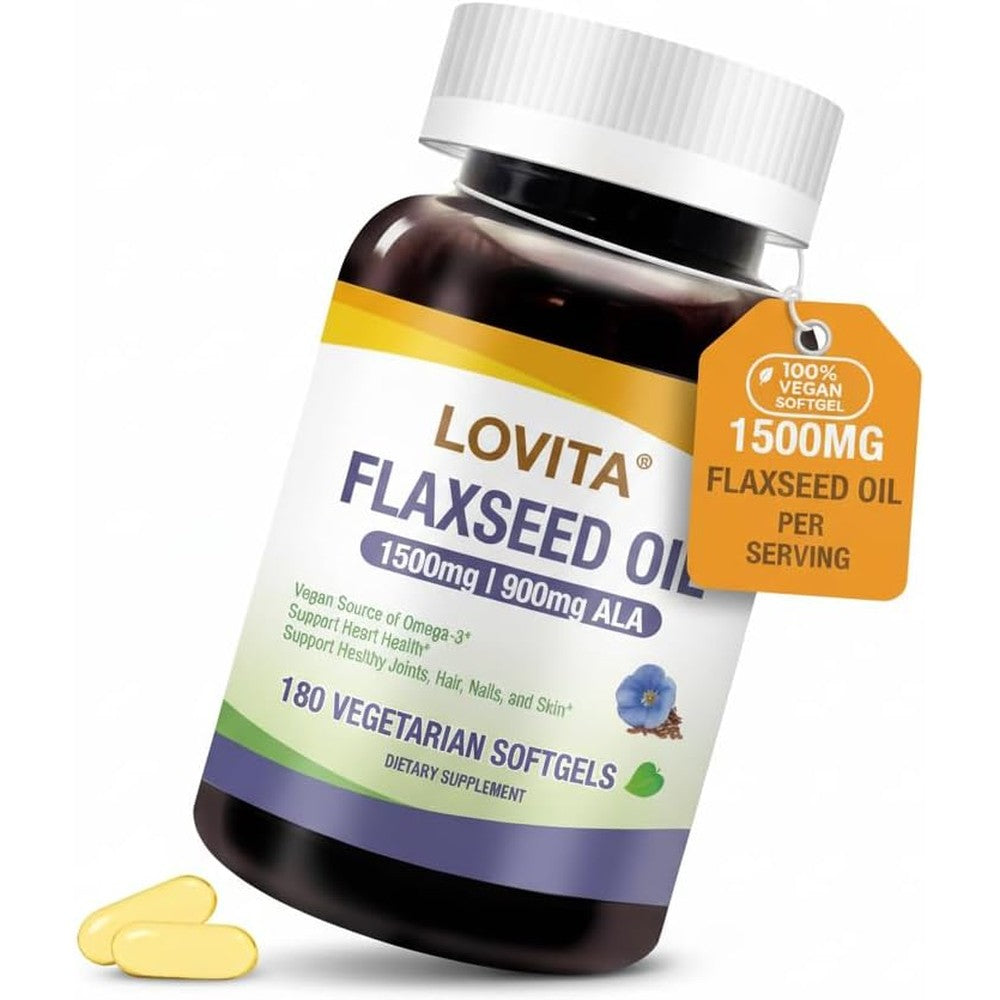 Lovita Vegan Flaxseed Oil 1500mg front bottle label showcasing plant based omega supplement