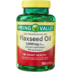 Spring Valley Cold Pressed Flaxseed Oil 1000mg front view of the 100 softgels bottle bottle for heart health supplement