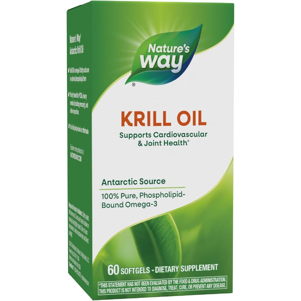 Nature's Way Krill Oil 60 softgels front view of green and white packaging