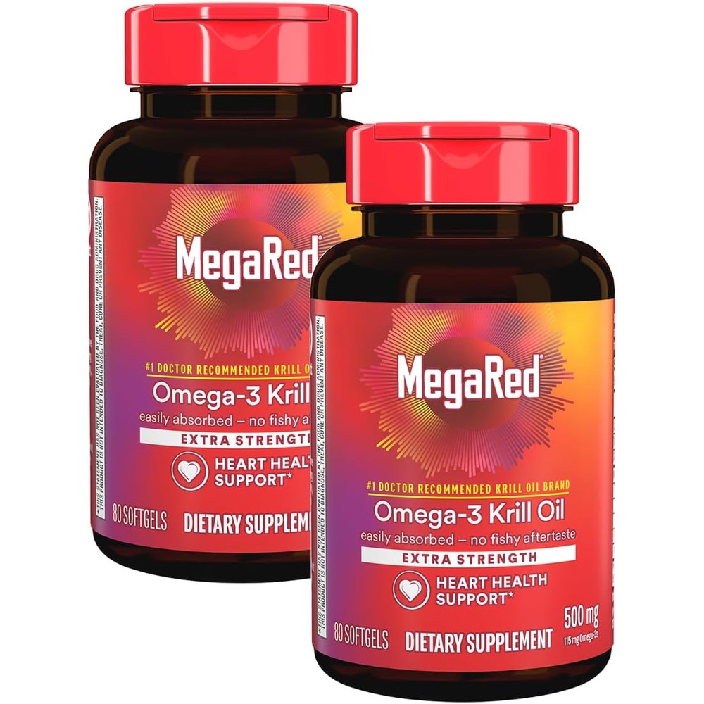 MegaRed Extra Strength 500mg Omega 3 Krill Oil 80 Softgels Pack of 2 front view