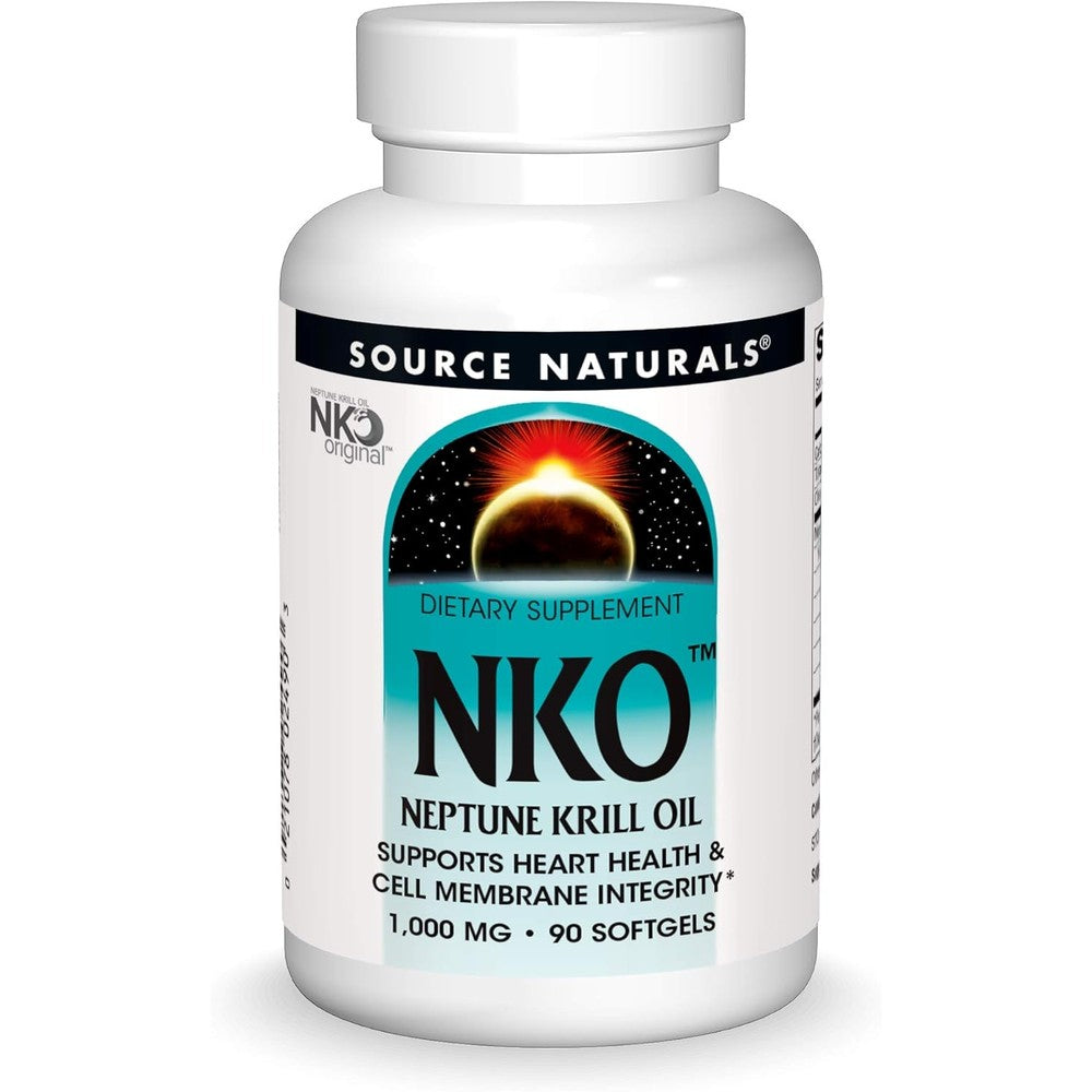 Source Naturals NKO Neptune Krill Oil 1000 mg front label showing 90 softgels dietary supplement.