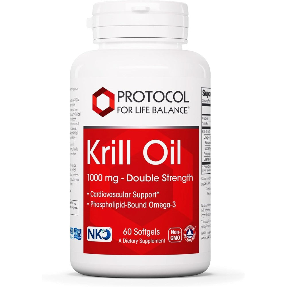 Protocol For Life Balance Krill Oil 1000 Mg 60 Softgels front view bottle for heart health
