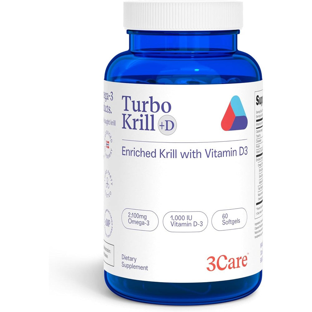 3Care Turbo Krill 2100 Milligram 60 Softgels front view showing premium Omega 3 supplement bottle.