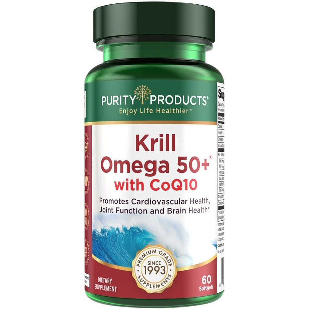 Purity Products Krill Omega 50 Plus bottle front view showcasing advanced omega 3 nutrition details.