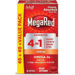 MegaRed Advanced 4 in 1 Omega 3 Fish Oil and Antarctic Krill Oil 160 softgels front packaging showing heart joint brain and eye health icons