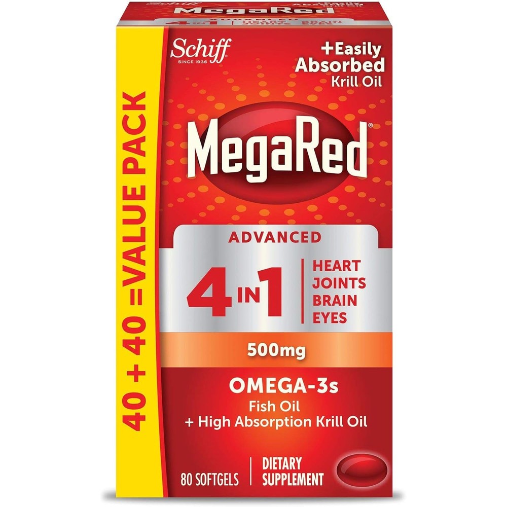 MegaRed Advanced 4 in 1 Omega 3 Fish Oil and Antarctic Krill Oil 160 softgels front packaging showing heart joint brain and eye health icons