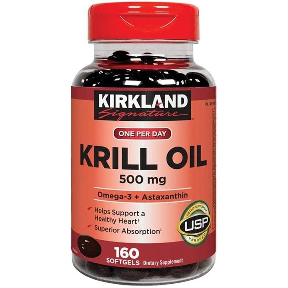 Kirkland Signature Krill Oil 500 Milligram 160 Softgels front view authentic imported omega 3 supplement
