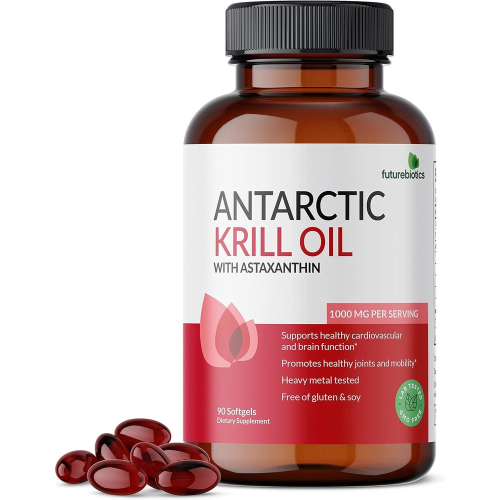 Futurebiotics Antarctic Krill Oil 1000 Mg 90 Softgels front view bottle for premium heart health supplements.