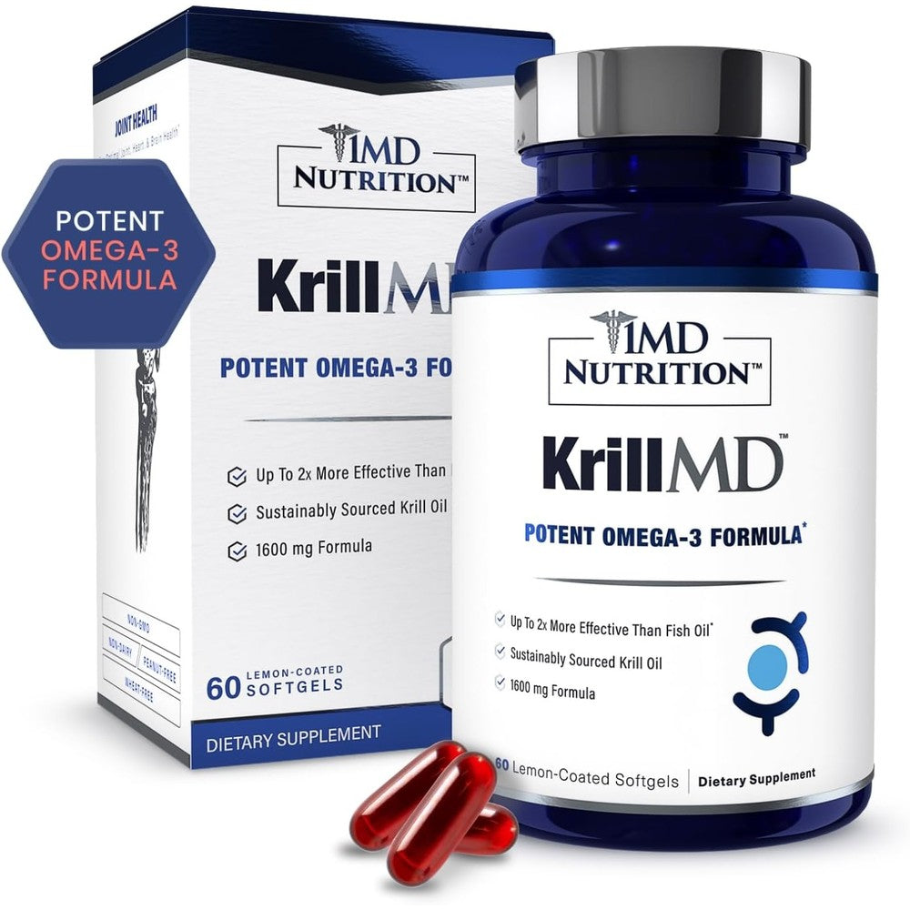 1MD Nutrition KrillMD Antarctic Krill Oil 60 Softgels front view packaging for joint support