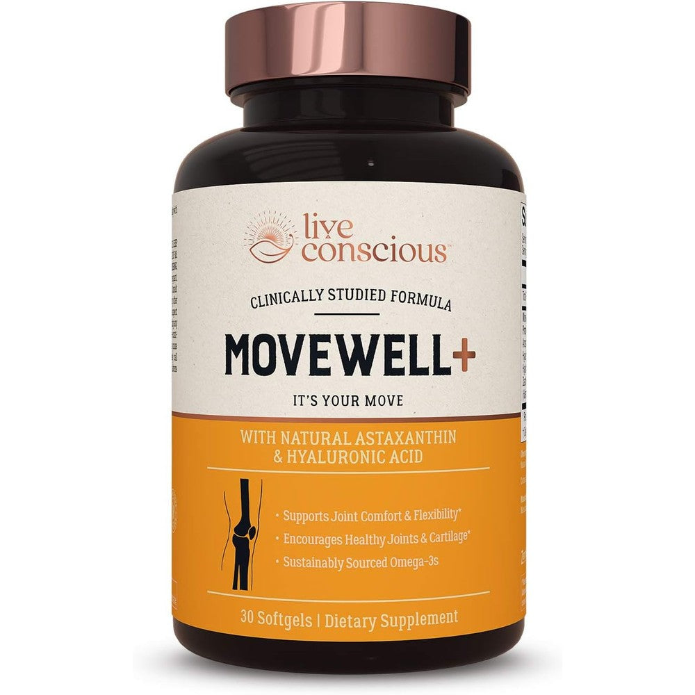 Live Conscious MoveWell Plus Krill Oil front view bottle packaging for joint health support