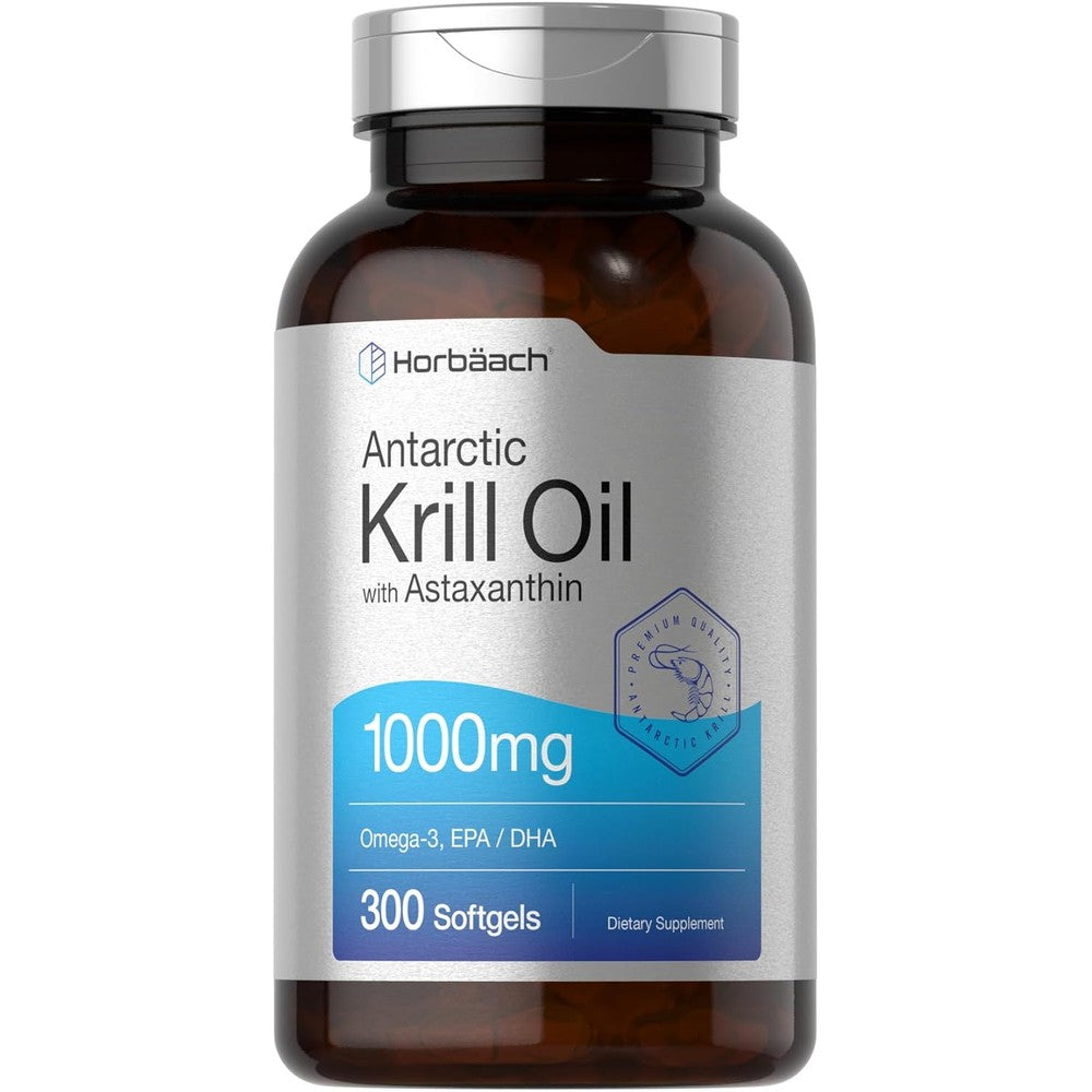 Horbäach Antarctic Krill Oil 1000mg 300 softgels bottle front view for Omega 3 supplementation